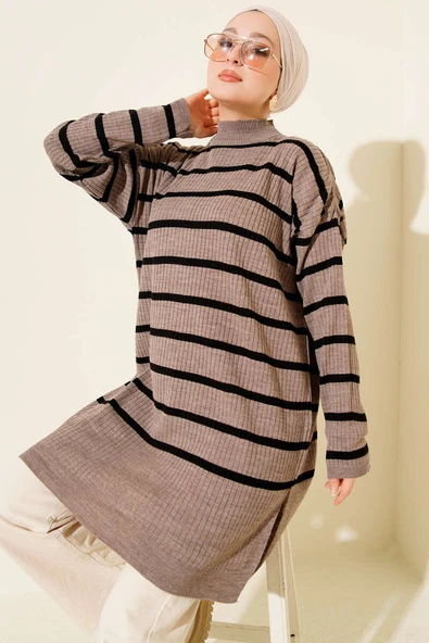 Fitilli Çizgili Salaş Triko Tunik Vizon ürün görseli
