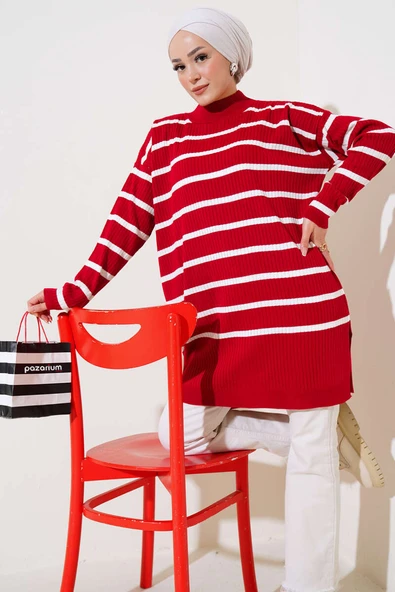 Fitilli Çizgili Salaş Triko Tunik Kırmızı ürün görseli 1