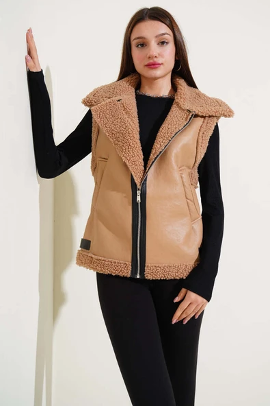Yün İçli Deri Yelek Latte - Resim 2