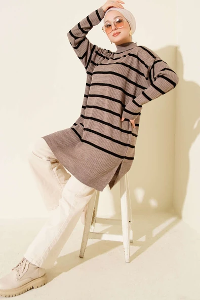 Fitilli Çizgili Salaş Triko Tunik Vizon - Resim 2