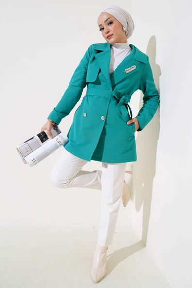 Yaprak Taşlı Pelerinli Trençkot Petrol - Resim 2