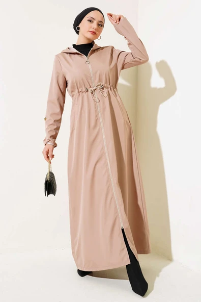 İçi Çizgili Bel Tünelli Trençkot Latte ürün görseli 1