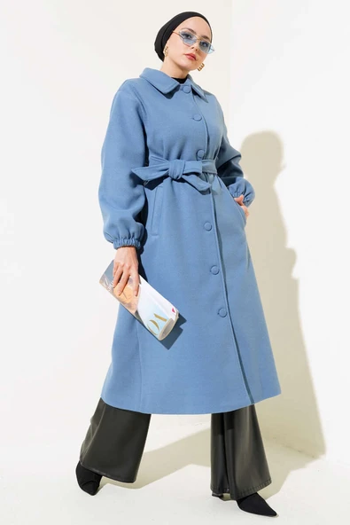 Önü Düğmeli Kuşaklı Kaşe Kaban İndigo ürün görseli 1