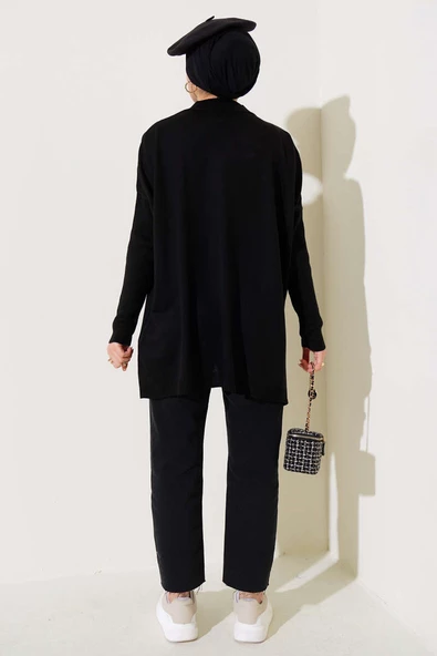 Yarım Boğazlı Kolu Fitilli Triko Tunik Siyah - Resim 3
