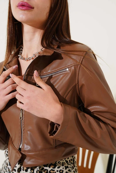Fermuarlı Kısa Deri Ceket Taba - 4