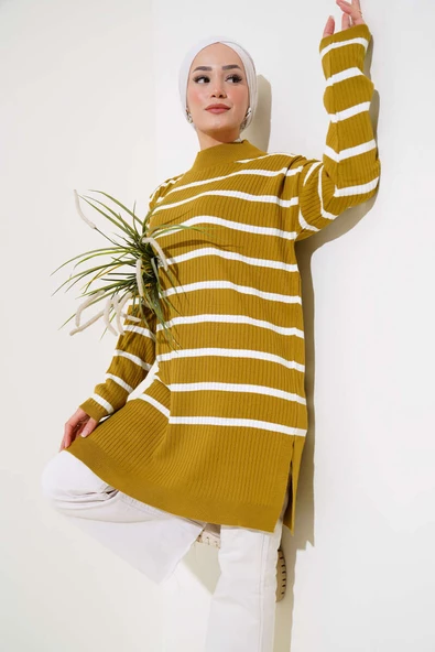 Fitilli Çizgili Salaş Triko Tunik Yağ Yeşili - Resim 2