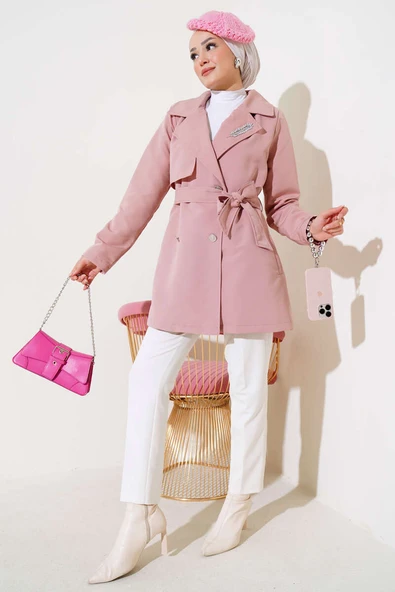 Yaprak Taşlı Pelerinli Trençkot Pudra - Resim 2