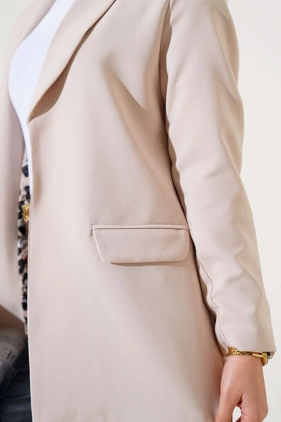 Leopar Astarlı Cep Kapaklı Ceket Bej - Resim 4