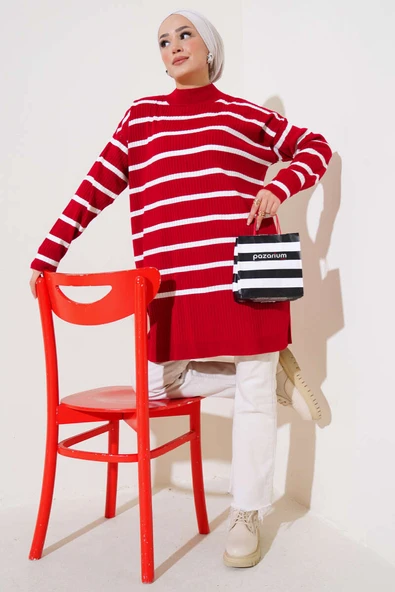 Fitilli Çizgili Salaş Triko Tunik Kırmızı - Resim 2