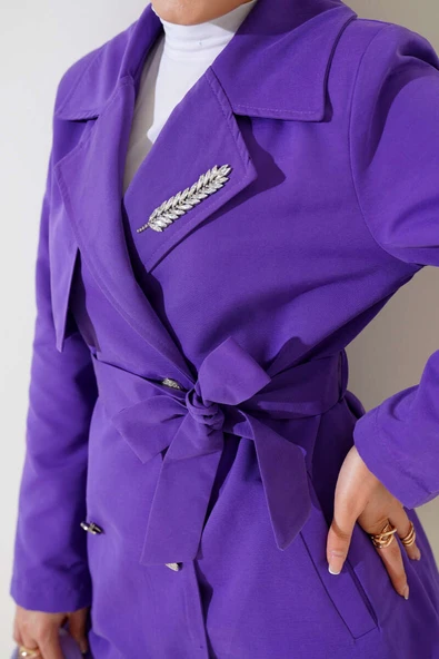 Yaprak Taşlı Pelerinli Trençkot Mor - 4