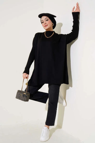 Yarım Boğazlı Kolu Fitilli Triko Tunik Siyah - Resim 2
