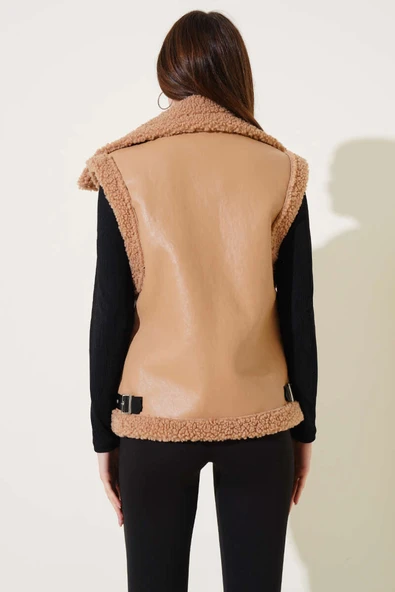 Yün İçli Deri Yelek Latte - Resim 3