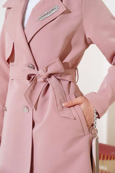 Yaprak Taşlı Pelerinli Trençkot Pudra - Resim 4