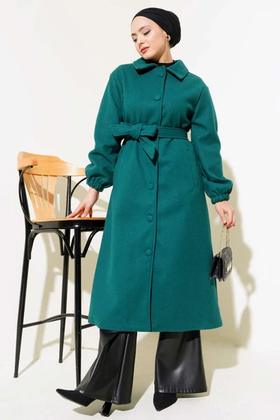 Önü Düğmeli Kuşaklı Kaşe Kaban Zümrüt - Resim 2