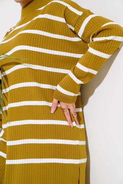 Fitilli Çizgili Salaş Triko Tunik Yağ Yeşili - Resim 4