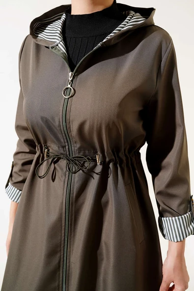 İçi Çizgili Bel Tünelli Trençkot Haki - Resim 4