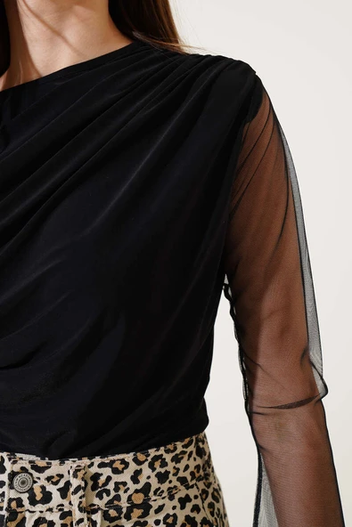 Kolları Tül Sandy Bluz Siyah - Resim 4