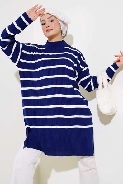 Fitilli Çizgili Salaş Triko Tunik Lacivert ürün görseli 1