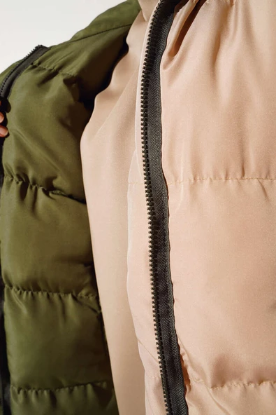 Fermuarlı Çift Taraflı Şişme Yelek Haki Bej - 4