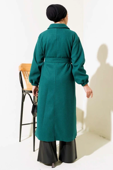 Önü Düğmeli Kuşaklı Kaşe Kaban Zümrüt - Resim 3