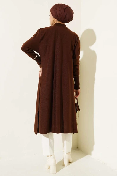 Asimetrik Kesim Uzun Triko Tunik Kahve - Resim 3