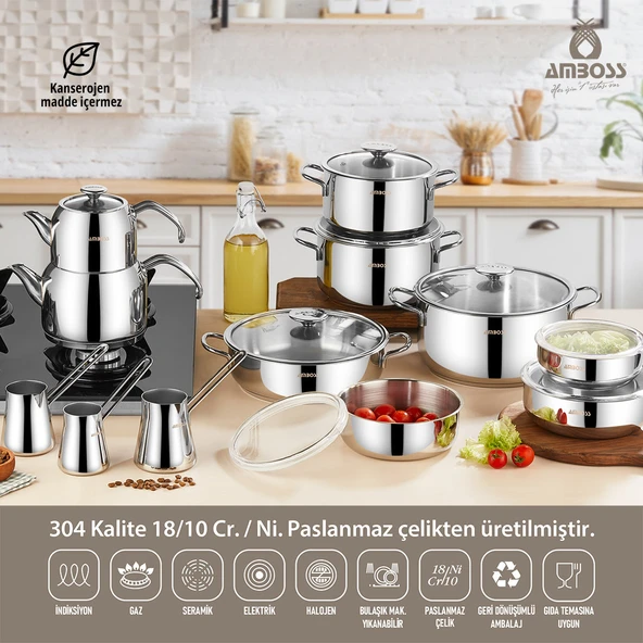 20 Parça Master Prime Paslanmaz Çelik Tencere Çeyiz Seti & Çelik Saklama Kabı