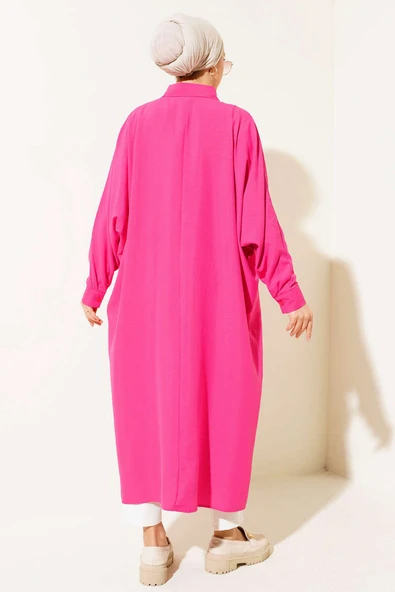 Yarasa Kol Oversize Uzun Gömlek Fuşya - 3