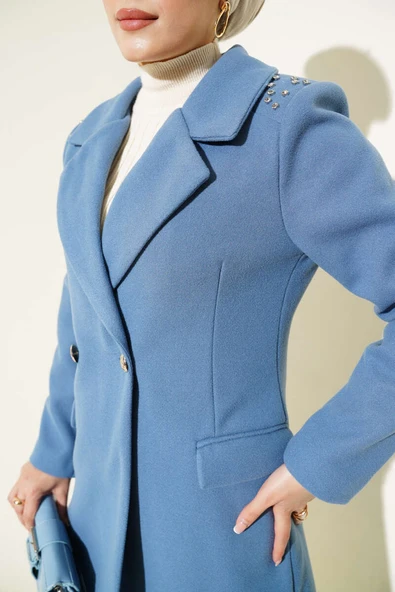 Omuz Taşlı Kaşe Kaban İndigo - 4