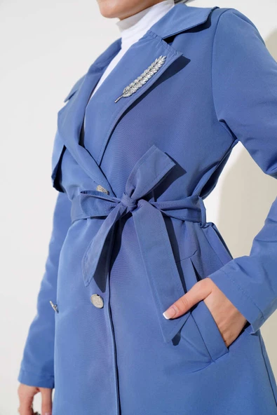 Yaprak Taşlı Pelerinli Trençkot İndigo - Resim 4