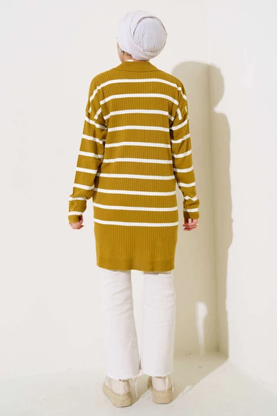 Fitilli Çizgili Salaş Triko Tunik Yağ Yeşili - Resim 3