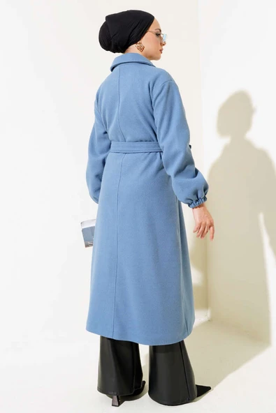 Önü Düğmeli Kuşaklı Kaşe Kaban İndigo - Resim 3