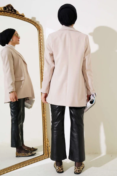 Leopar Astarlı Cep Kapaklı Ceket Bej - Resim 3