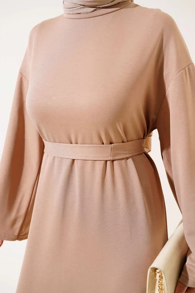 Loyşa Kuşaklı Basic Elbise Latte - Resim 4