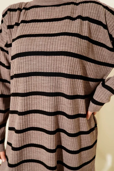 Fitilli Çizgili Salaş Triko Tunik Vizon - Resim 4