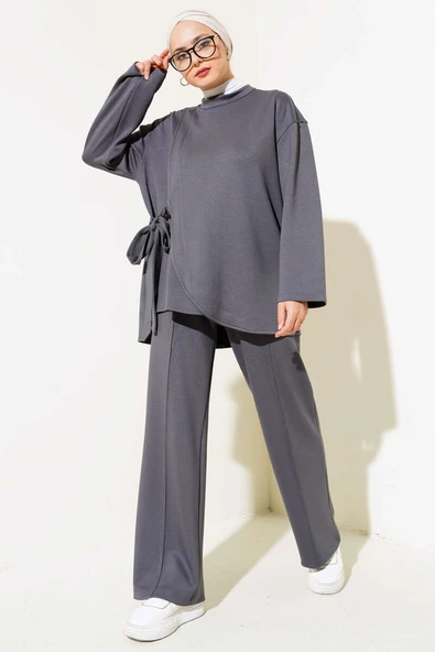 Yandan Bağlamalı Tunik İkili Takım Füme - Resim 2