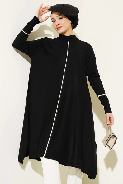 Asimetrik Kesim Uzun Triko Tunik Siyah ürün görseli