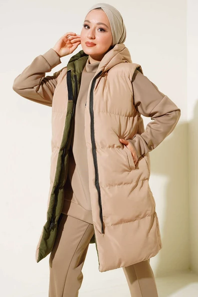 Fermuarlı Çift Taraflı Şişme Yelek Haki Bej - 2