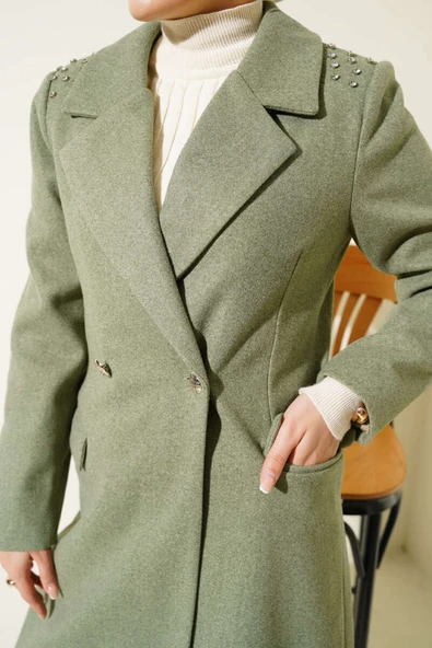 Omuz Taşlı Kaşe Kaban Çağla Yeşili - Resim 4