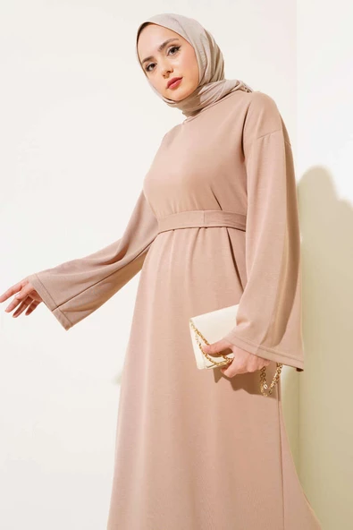 Loyşa Kuşaklı Basic Elbise Latte - Resim 2