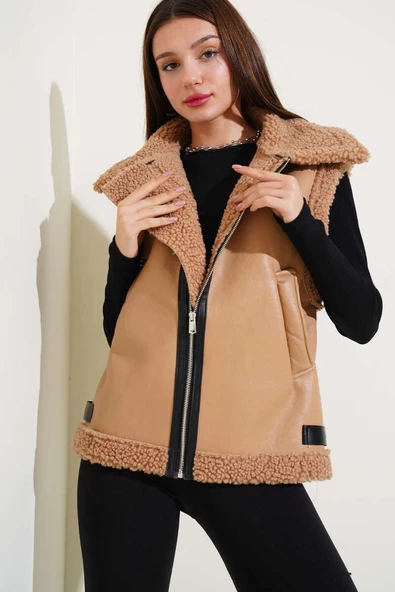 Yün İçli Deri Yelek Latte ürün görseli 1