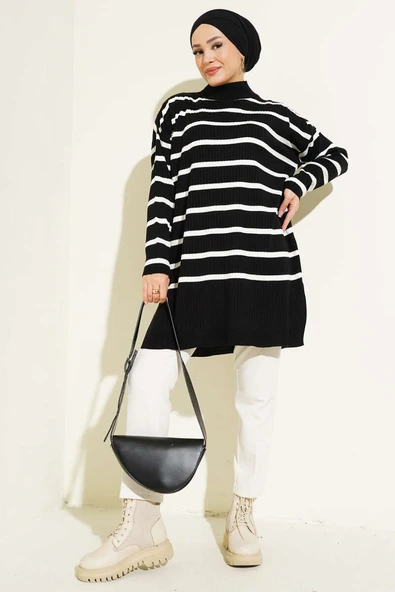 Fitilli Çizgili Salaş Triko Tunik Siyah - Resim 2