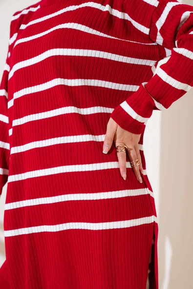 Fitilli Çizgili Salaş Triko Tunik Kırmızı - Resim 4