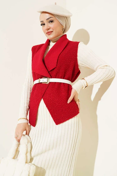 Kısa Buklet Yelek Bordo - Resim 2