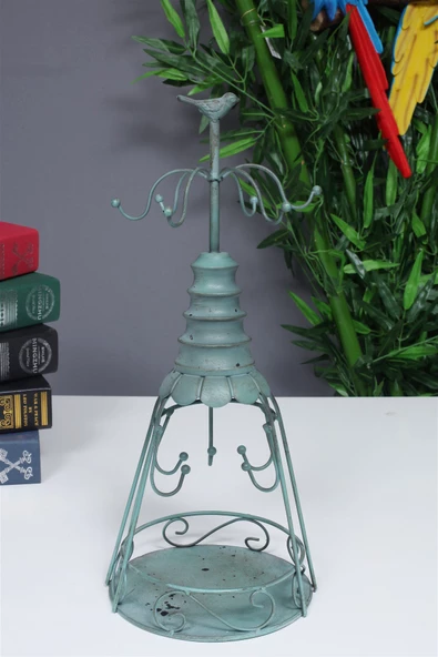 11 Askılı Kuşlu Kafes Takı Standı Düzenleyici Organizer Eskitme Yeşil Metal 44cm - 2