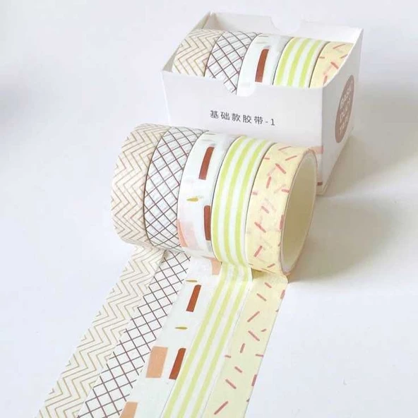 Vintage Washi Tape Bant Baskılı Yapışkanlı Maskeleme Kağıdı Desenli bant 5 li - Geometrik N1 - 2