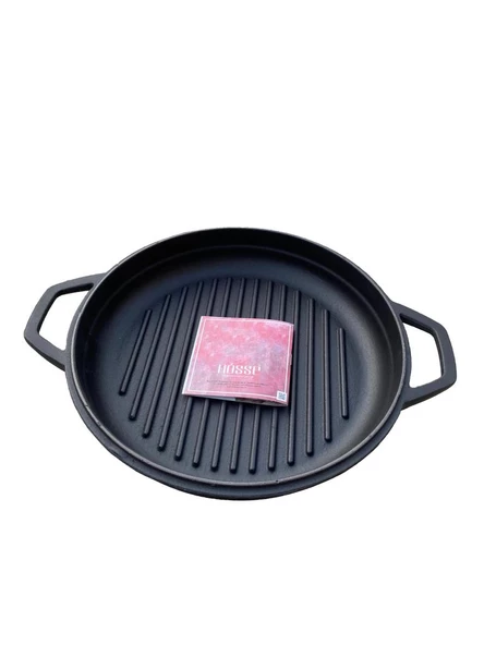 HOSSE 28 cm Yuvarlak Demir Döküm Grill Tava Çift Kulplu Siyah - 3