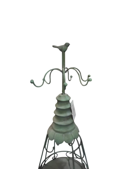 11 Askılı Kuşlu Kafes Takı Standı Düzenleyici Organizer Eskitme Yeşil Metal 44cm - 3