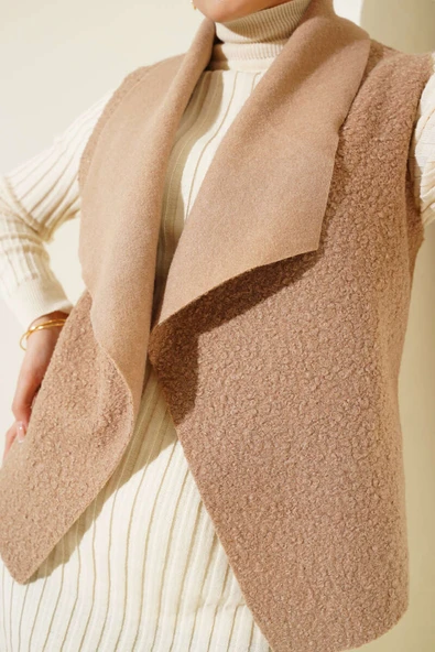 Kısa Buklet Yelek Vizon - Resim 4