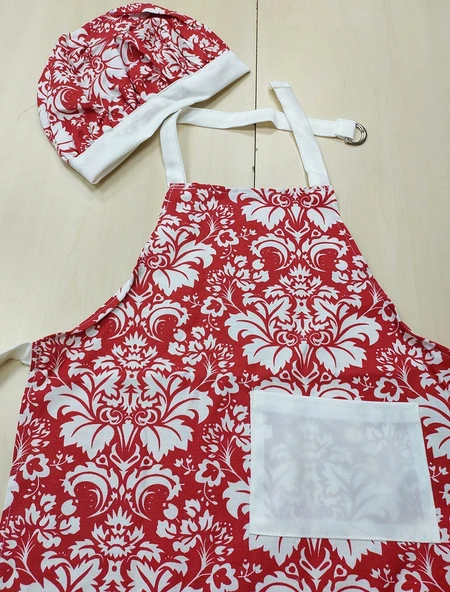 Şapkalı Çocuk Mutfak Önlüğü, Etkinlik Önlüğü, Aşçı Önlüğü-v3 Gotik Kırmızı Beyaz - 2