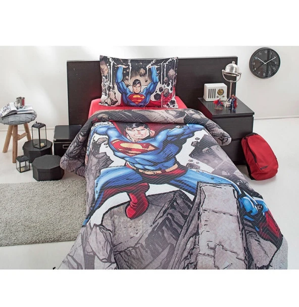 Özdilek Kapitoneli Lisanslı Tek Kişilik Nevresim Tk Complete Set-Süperman Stone Gri